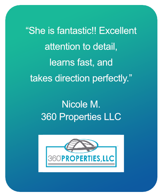Nicole testimonial - She is fantastic! Excellent attention to detail, learns fast, and takes diection perfectly.